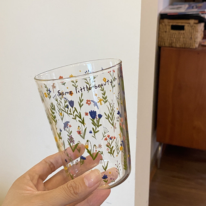 Aesthetic Floral Glass Cups, Cute Botanical Pattern Tumblers for Coffee & Home