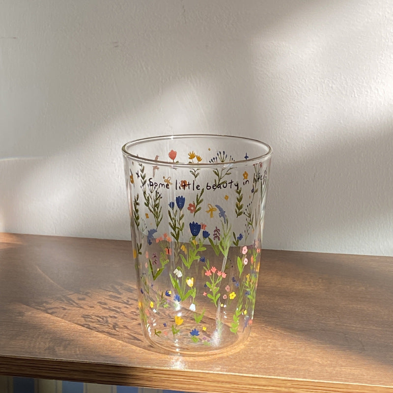 Aesthetic Floral Glass Cups, Cute Botanical Pattern Tumblers for Coffee & Home