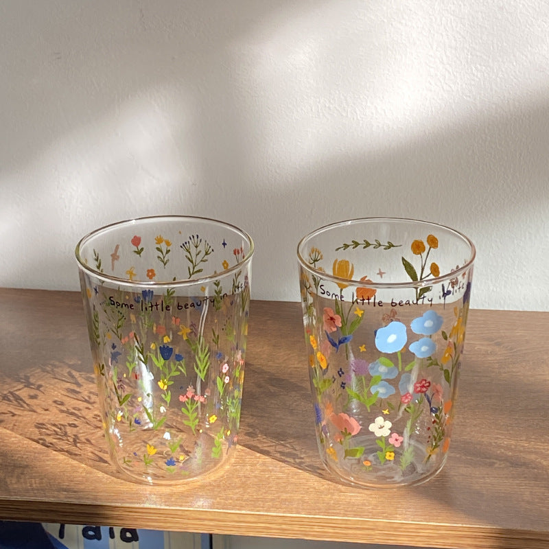Aesthetic Floral Glass Cups, Cute Botanical Pattern Tumblers for Coffee & Home