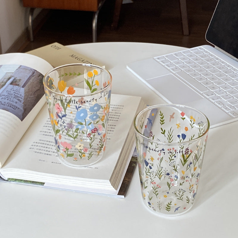 Aesthetic Floral Glass Cups, Cute Botanical Pattern Tumblers for Coffee & Home