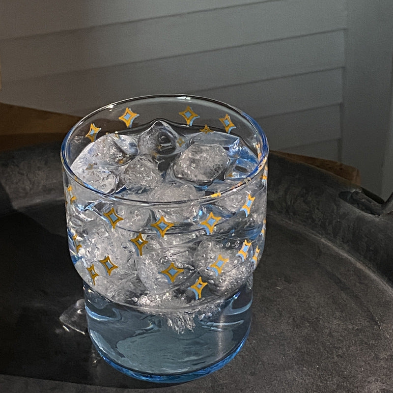Blue Star Glass Tumbler, Cute Gold Star Pattern Drinking Glass for Iced Coffee, Juice & Home
