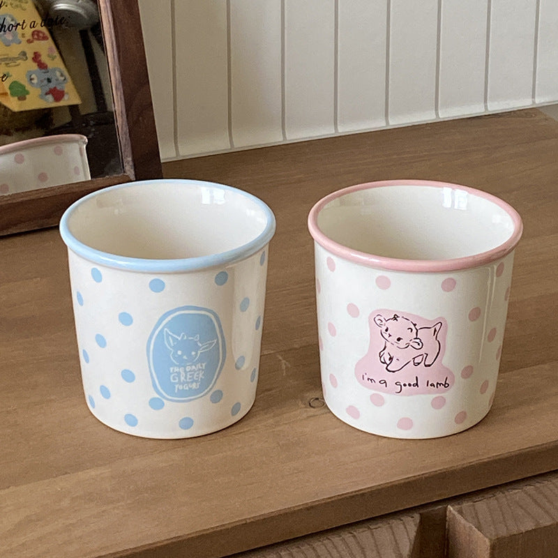 Cute Ceramic Animal Mug – Pink & Blue Polka Dot Coffee Cup