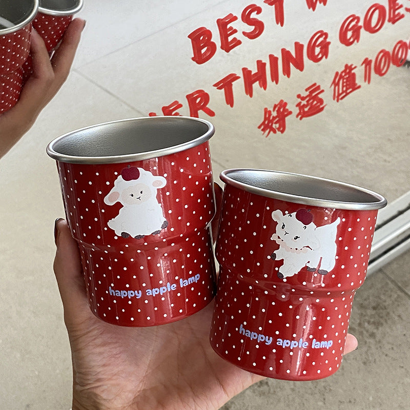 Cute Red Enamel Mug – Polka Dot Coffee Cup with Adorable Animal Design