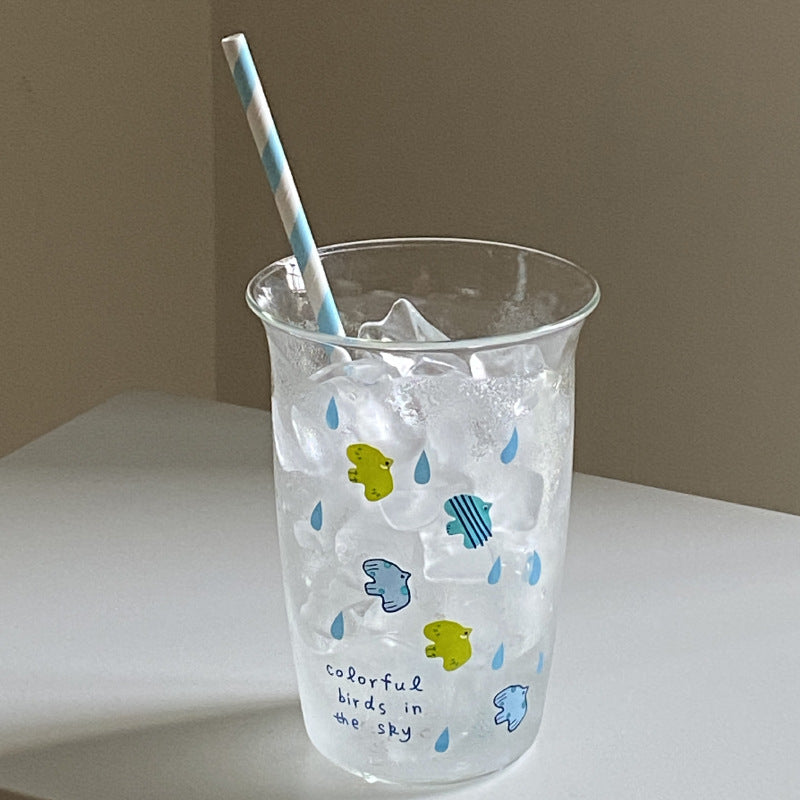 Cute Bird Print Glass Tumbler – Aesthetic Drinking Cup with Straw