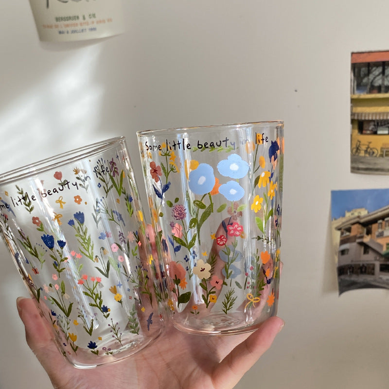 Aesthetic Floral Glass Cups, Cute Botanical Pattern Tumblers for Coffee & Home