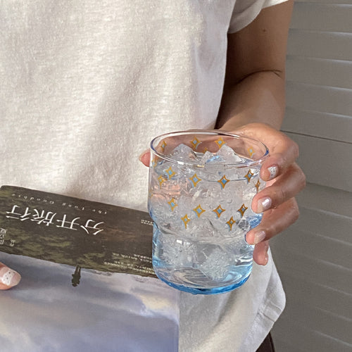 Blue Star Glass Tumbler, Cute Gold Star Pattern Drinking Glass for Iced Coffee, Juice & Home