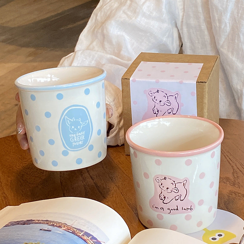 Cute Ceramic Animal Mug – Pink & Blue Polka Dot Coffee Cup