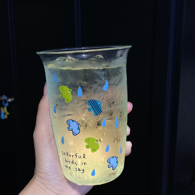 Cute Bird Print Glass Tumbler – Aesthetic Drinking Cup with Straw