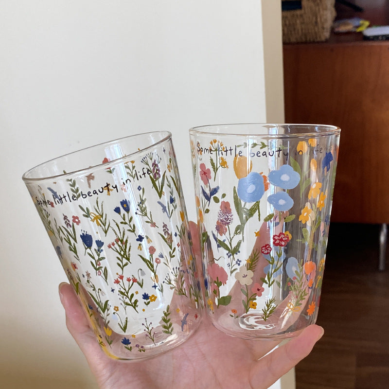 Aesthetic Floral Glass Cups, Cute Botanical Pattern Tumblers for Coffee & Home