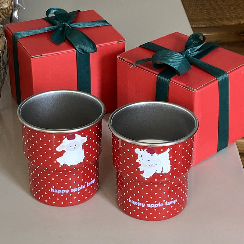 Cute Red Enamel Mug – Polka Dot Coffee Cup with Adorable Animal Design