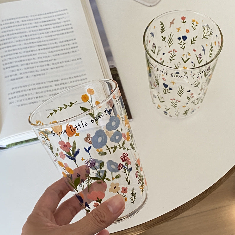 Aesthetic Floral Glass Cups, Cute Botanical Pattern Tumblers for Coffee & Home