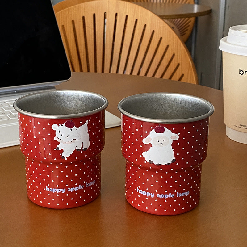 Cute Red Enamel Mug – Polka Dot Coffee Cup with Adorable Animal Design