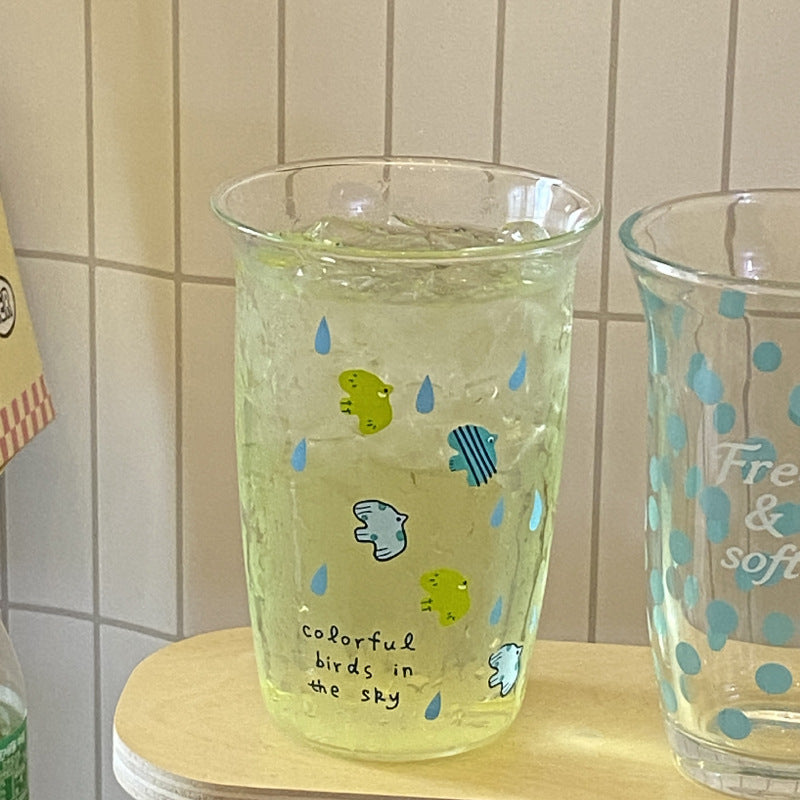 Cute Bird Print Glass Tumbler – Aesthetic Drinking Cup with Straw
