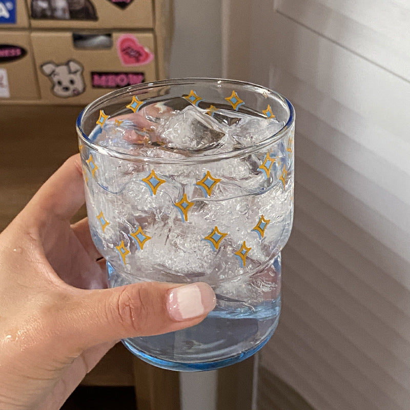Blue Star Glass Tumbler, Cute Gold Star Pattern Drinking Glass for Iced Coffee, Juice & Home