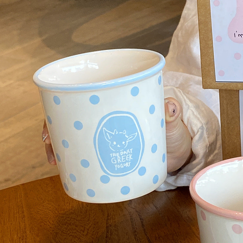 Cute Ceramic Animal Mug – Pink & Blue Polka Dot Coffee Cup