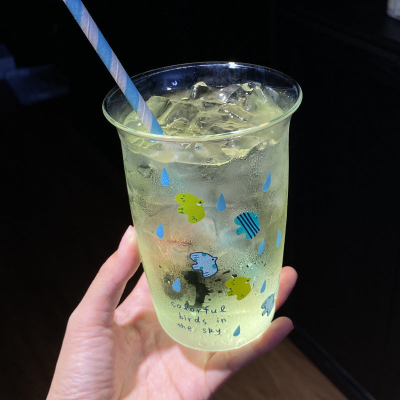 Cute Bird Print Glass Tumbler – Aesthetic Drinking Cup with Straw