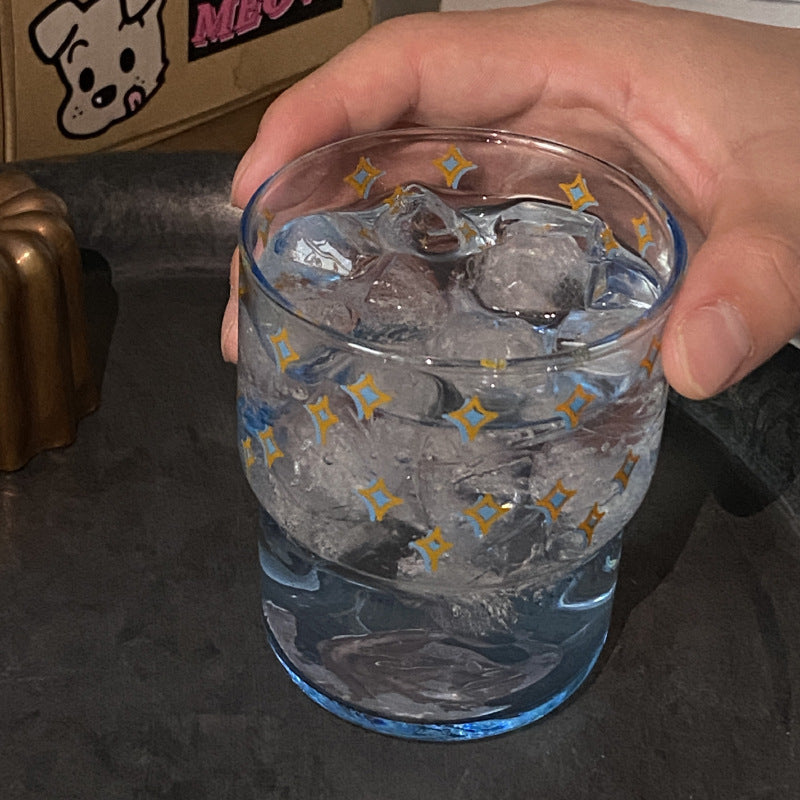 Blue Star Glass Tumbler, Cute Gold Star Pattern Drinking Glass for Iced Coffee, Juice & Home