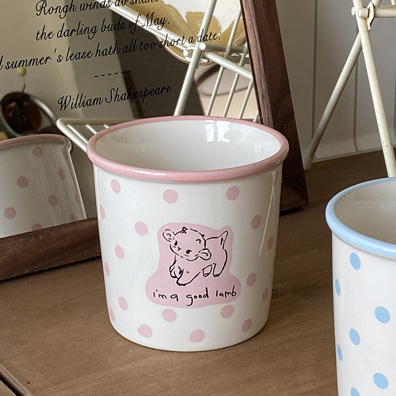 Cute Ceramic Animal Mug – Pink & Blue Polka Dot Coffee Cup