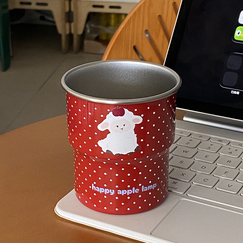 Cute Red Enamel Mug – Polka Dot Coffee Cup with Adorable Animal Design