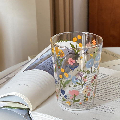 Aesthetic Floral Glass Cups, Cute Botanical Pattern Tumblers for Coffee & Home