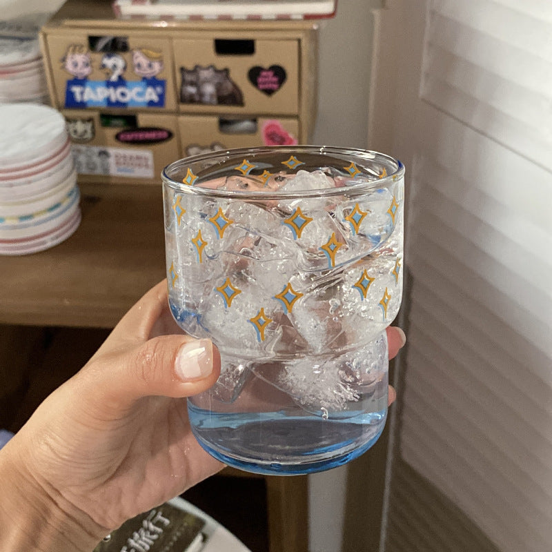 Blue Star Glass Tumbler, Cute Gold Star Pattern Drinking Glass for Iced Coffee, Juice & Home