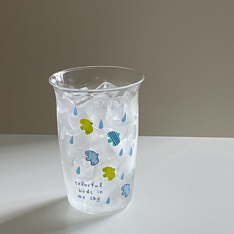 Cute Bird Print Glass Tumbler – Aesthetic Drinking Cup with Straw