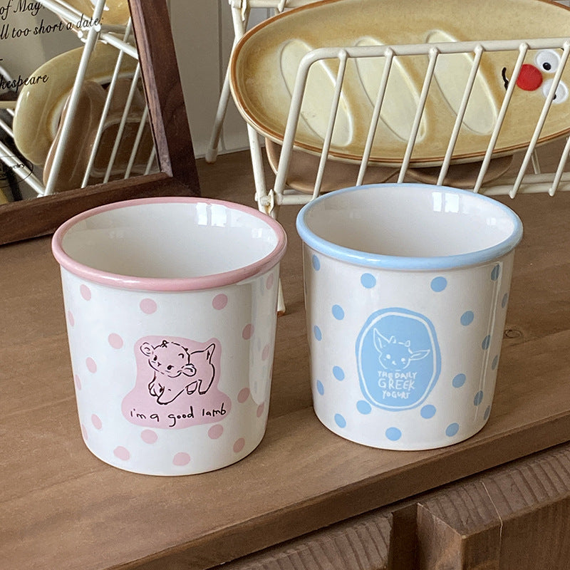 Cute Ceramic Animal Mug – Pink & Blue Polka Dot Coffee Cup