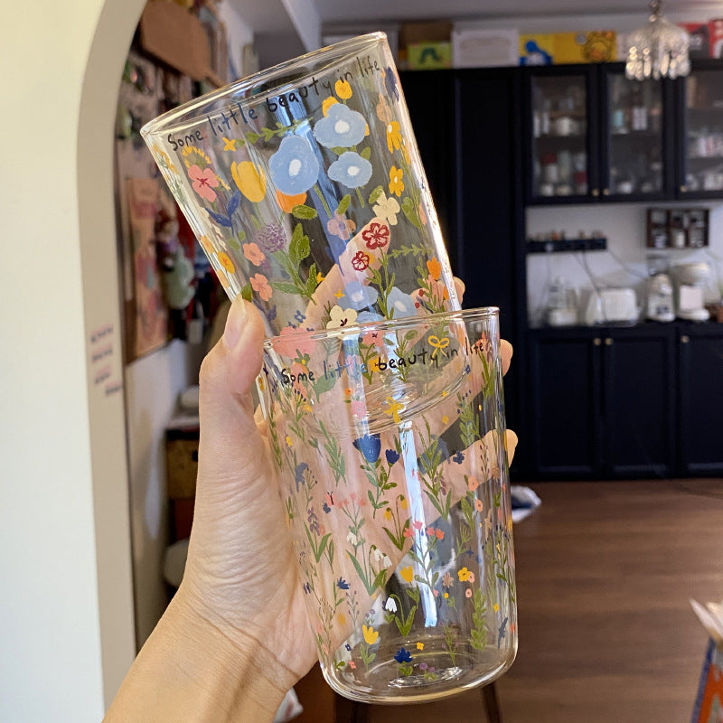 Aesthetic Floral Glass Cups, Cute Botanical Pattern Tumblers for Coffee & Home