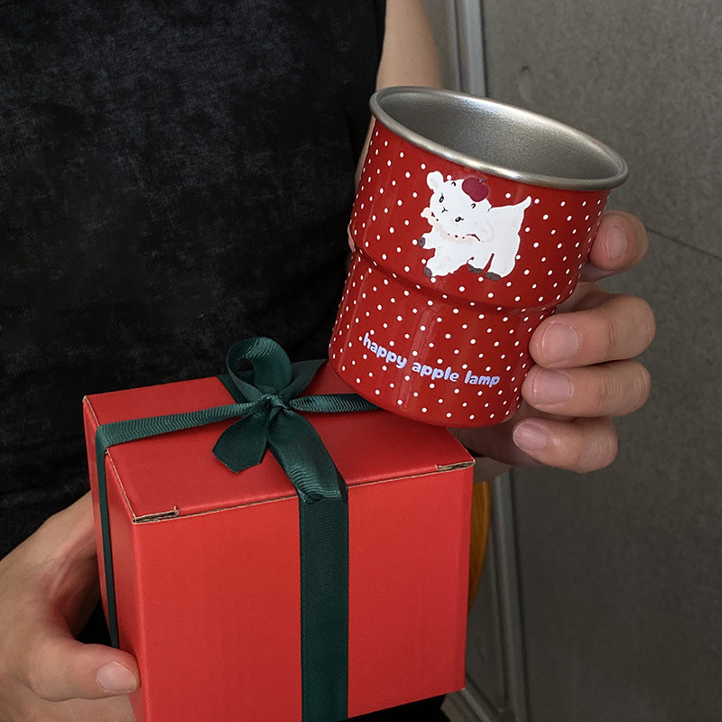 Cute Red Enamel Mug – Polka Dot Coffee Cup with Adorable Animal Design