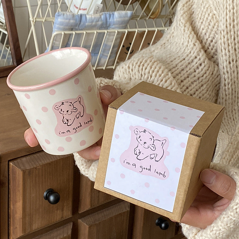 Cute Ceramic Animal Mug – Pink & Blue Polka Dot Coffee Cup